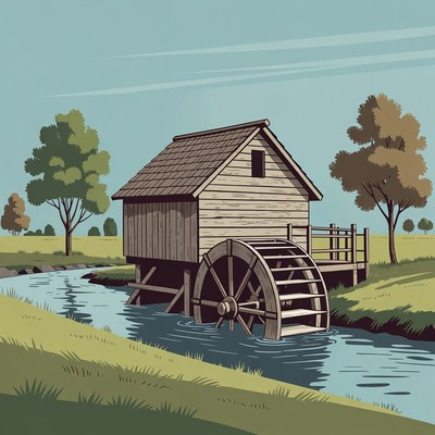 Watermill by River with Trees