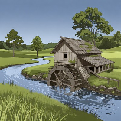 Watermill by River in Meadow