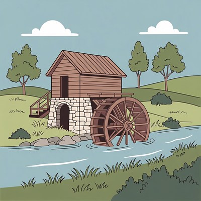 Watermill by river illustration