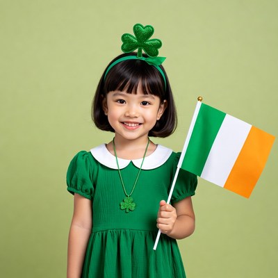 Asian girl holding Irish flag