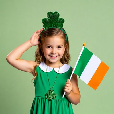 Girl holding Irish flag with shamrocks