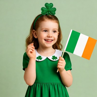Girl holding Irish flag with shamrocks