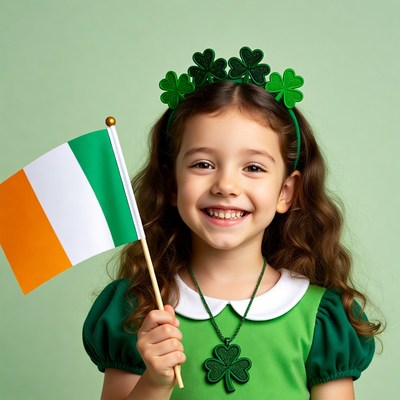 Girl holding Irish flag with shamrocks