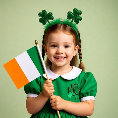 Girl with shamrocks holding Irish flag