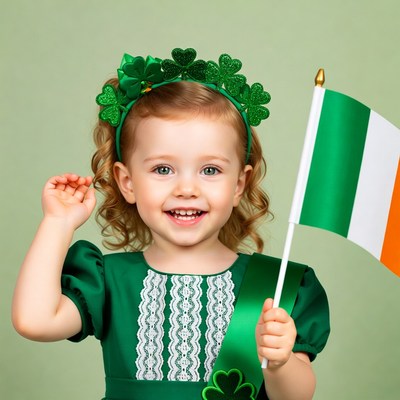 Girl holding Irish flag with shamrocks