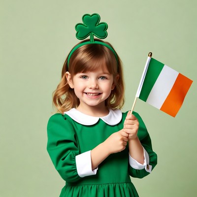 Girl holding Irish flag with shamrock headband