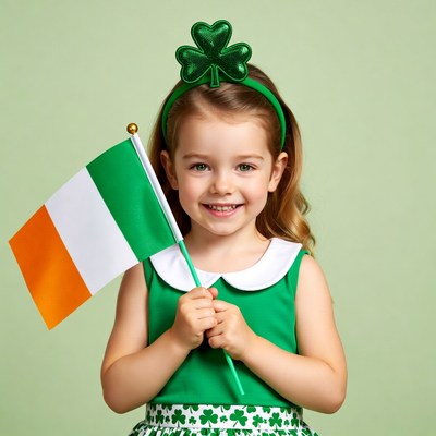 Girl holding Irish flag with shamrock headband
