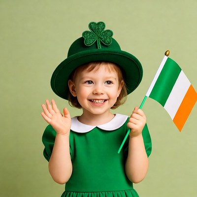 Girl in green hat waving Irish flag