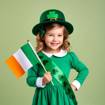 Girl in Irish shamrock hat with flag