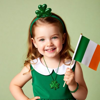Girl holding Irish flag with shamrock