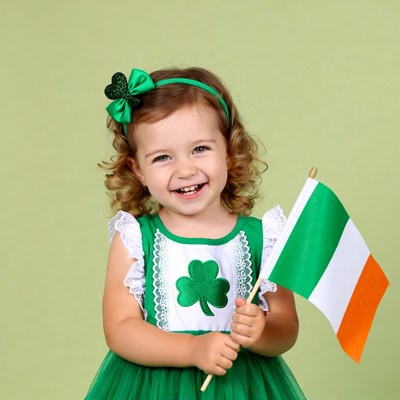Toddler girl holding Irish flag