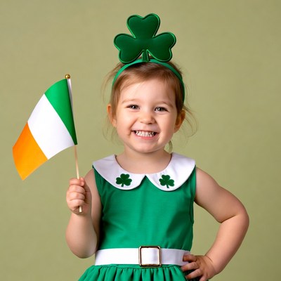 Toddler girl holding Irish flag shamrocks