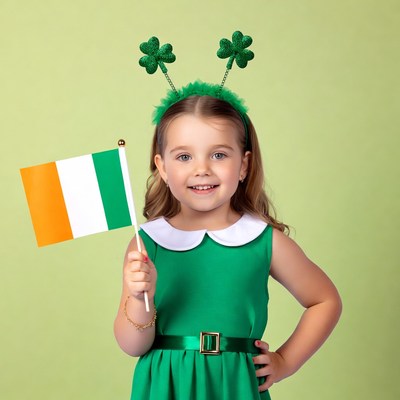 Girl with shamrocks holding Irish flag