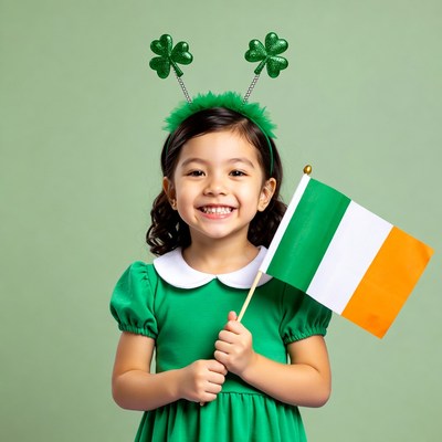 Asian girl with shamrocks holding Irish flag