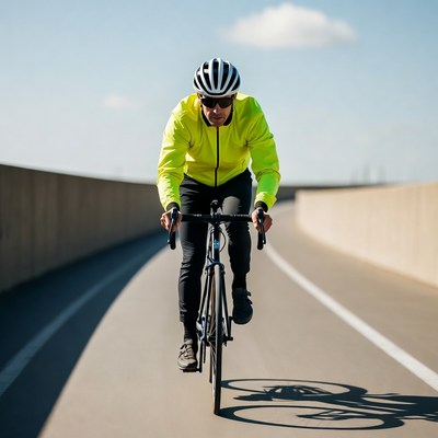 Man cycling on bridge in yellow jacket