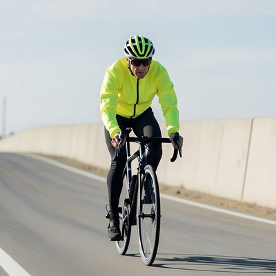 Man cycling on road in yellow jacket