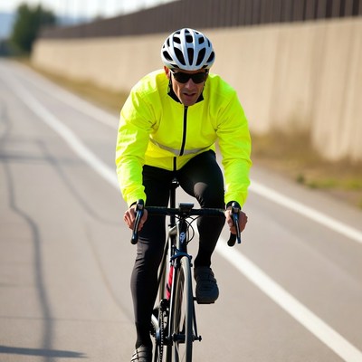 Man cycling on road in neon jacket