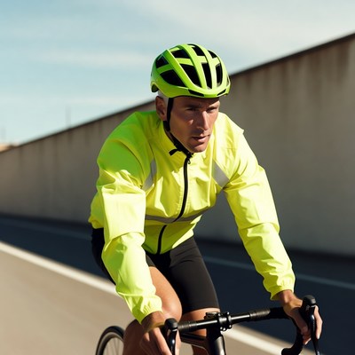 Man cycling in yellow helmet jacket