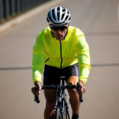 Man cycling in bright yellow jacket