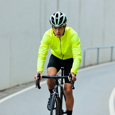Man cycling on road in yellow jacket