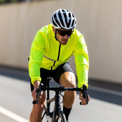 Man cycling in bright yellow jacket