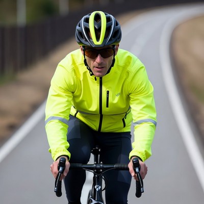 Man cycling on road in yellow jacket