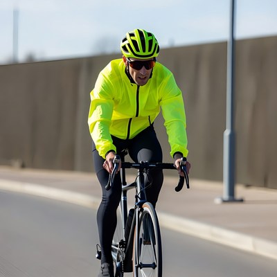 Man cycling on road in yellow jacket