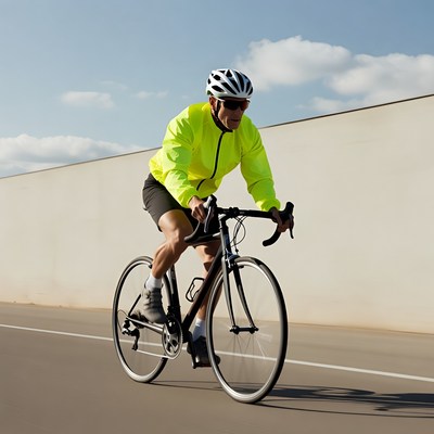 Man cycling on road in yellow jacket