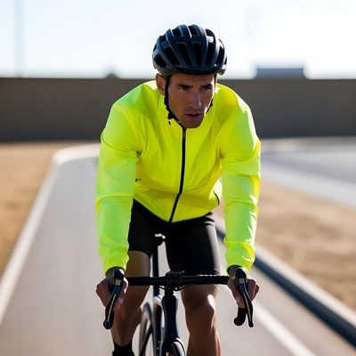 Man cycling in bright yellow jacket