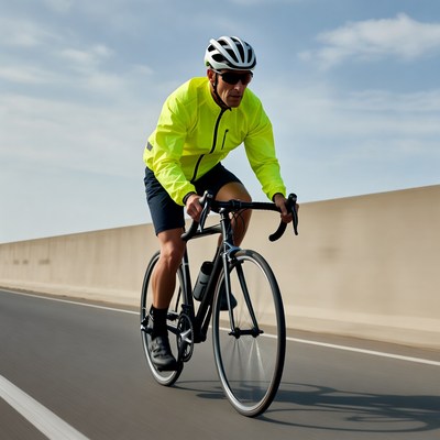Man cycling on road in yellow jacket