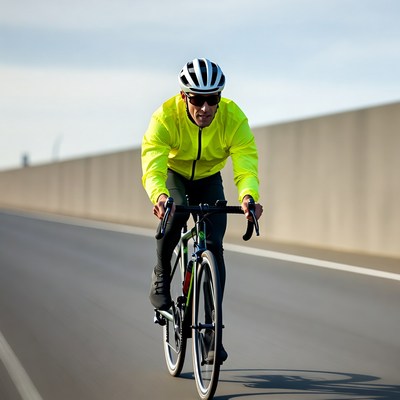 Man cycling on bridge in yellow jacket