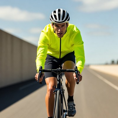 Man cycling on road in helmet