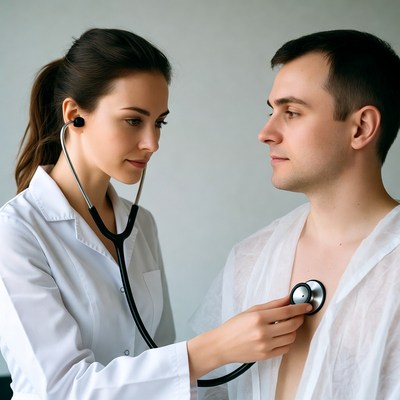 Female doctor listening to male patient heartbeat