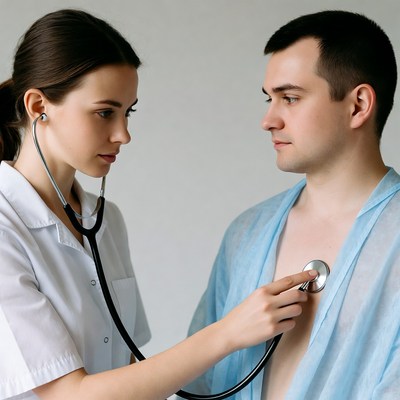 Nurse checking man's heartbeat with stethoscope