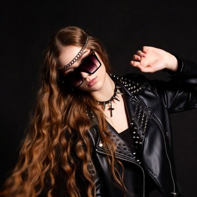 Woman in studded leather jacket with sunglasses