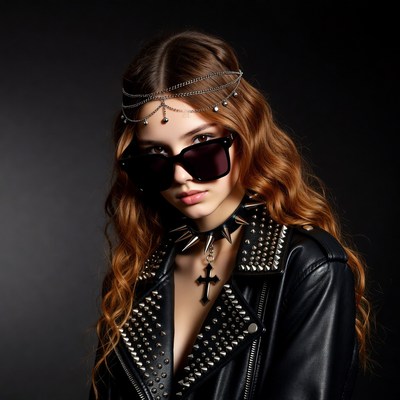Woman in studded leather jacket and sunglasses