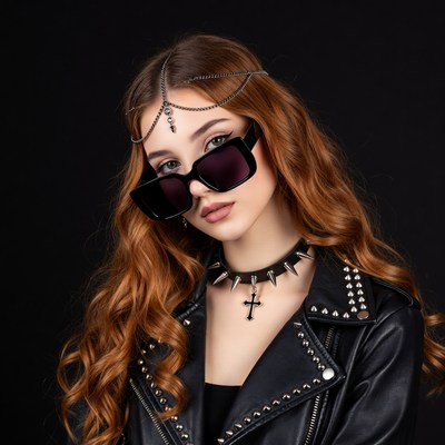 Redhead woman in studded leather jacket