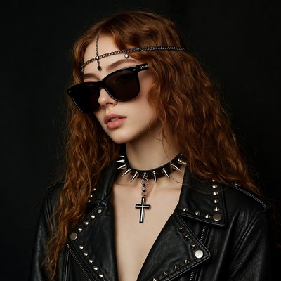 Redhead woman in studded leather jacket