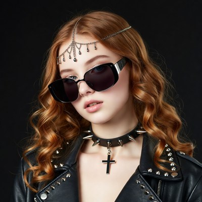 Redhead woman in studded leather jacket
