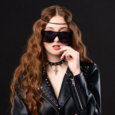 Woman in studded leather jacket and sunglasses
