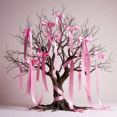 Tree Decorated with Pink Ribbons