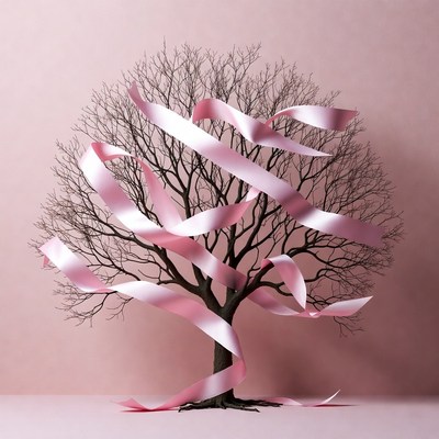 Bare tree wrapped in pink ribbons