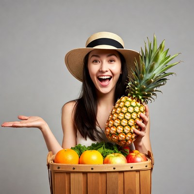 Asian woman holding pineapple with fruits