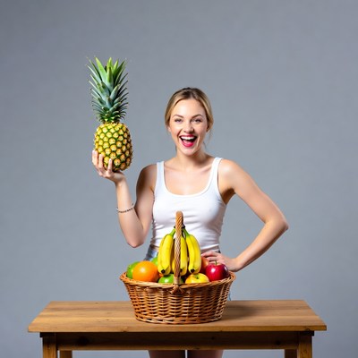 Blonde woman holding pineapple with fruit basket