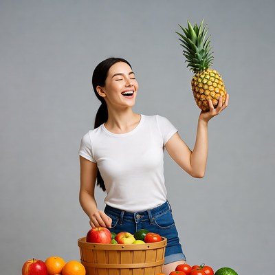 Woman holding pineapple with fruits