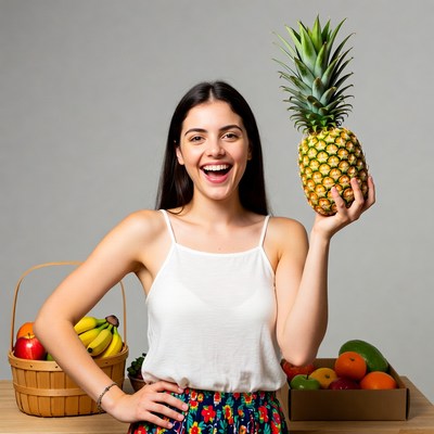 Smiling woman holding pineapple