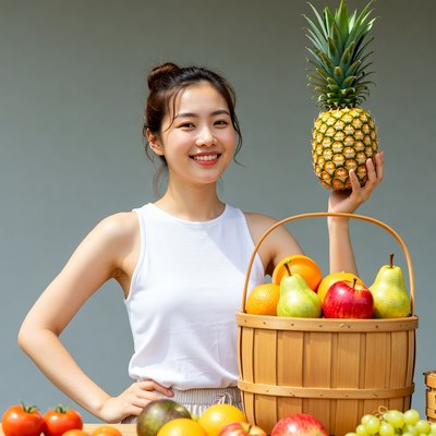 Asian woman holding pineapple with fruits