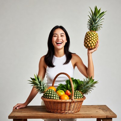 Asian woman holding pineapple basket