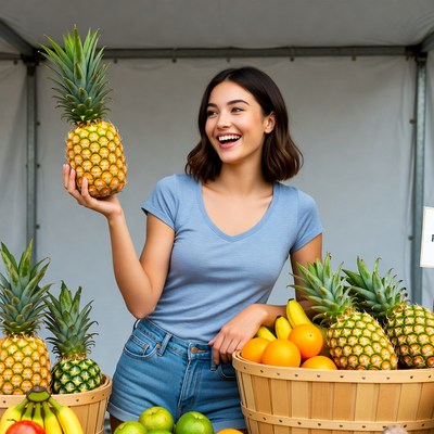 Smiling woman holding pineapple at market