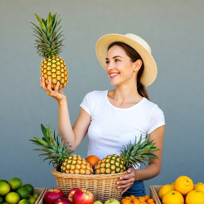 Woman holding pineapples at fruit stand